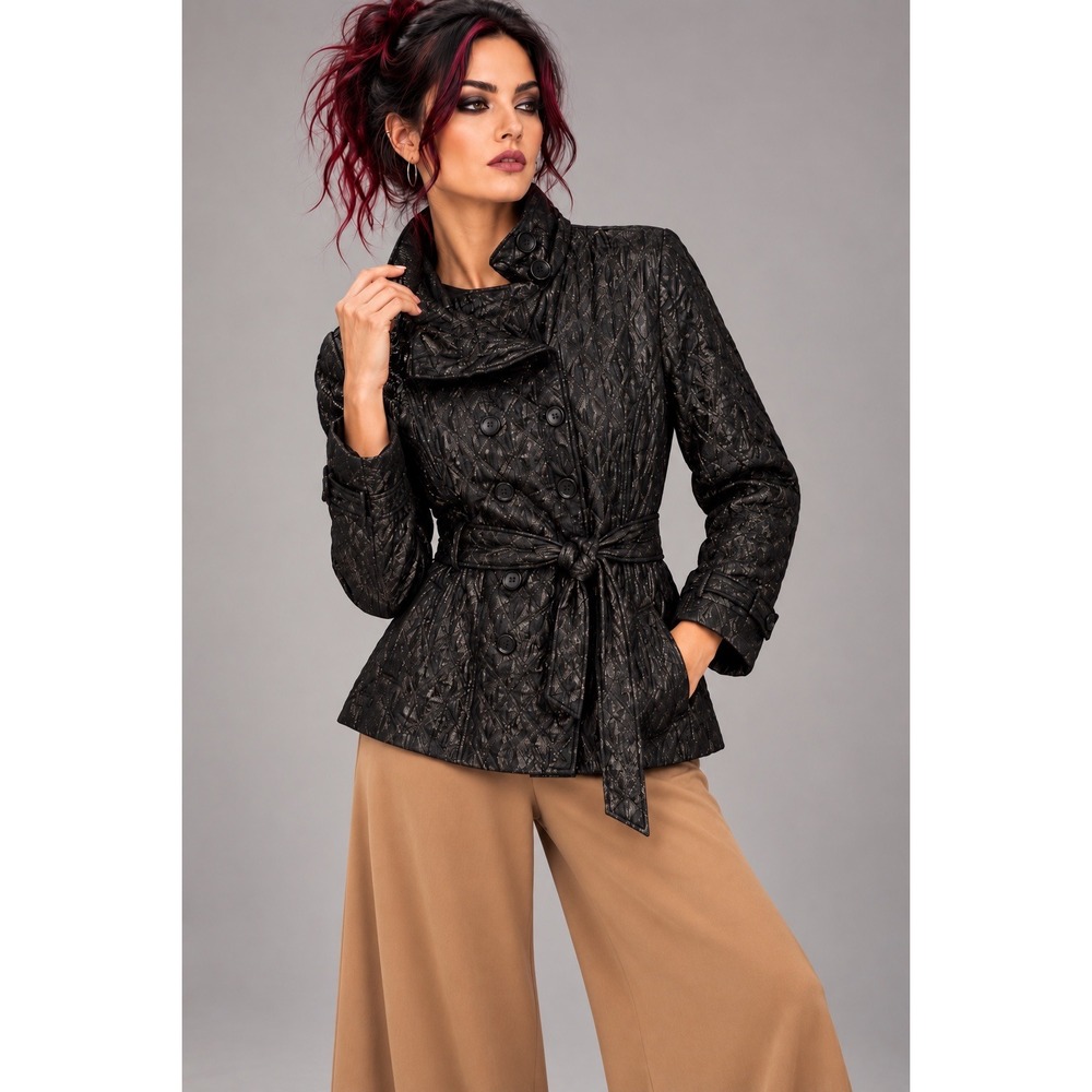 Chico's 1 (6/8) Black Textured Metallic Jacket Belted Button Front